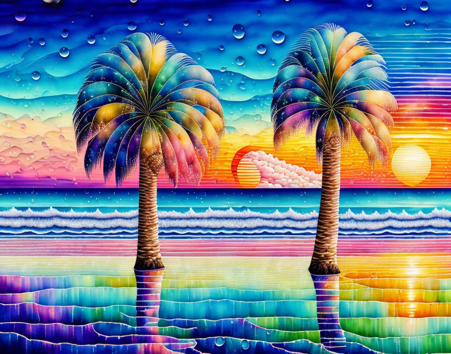 Colorful sunset seascape with palm trees and rainbow sky in artistic style