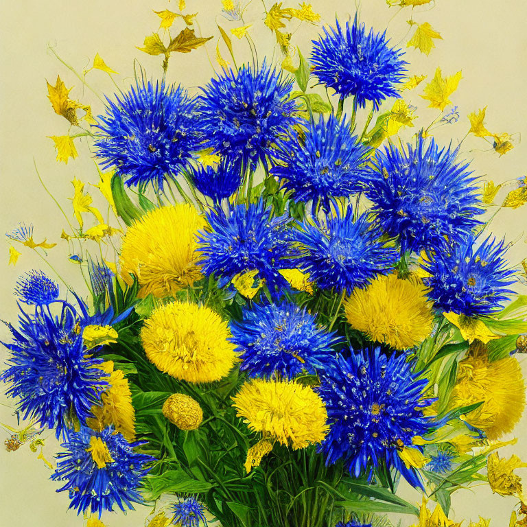 Colorful Blue Cornflowers and Yellow Dandelions on Pale Background