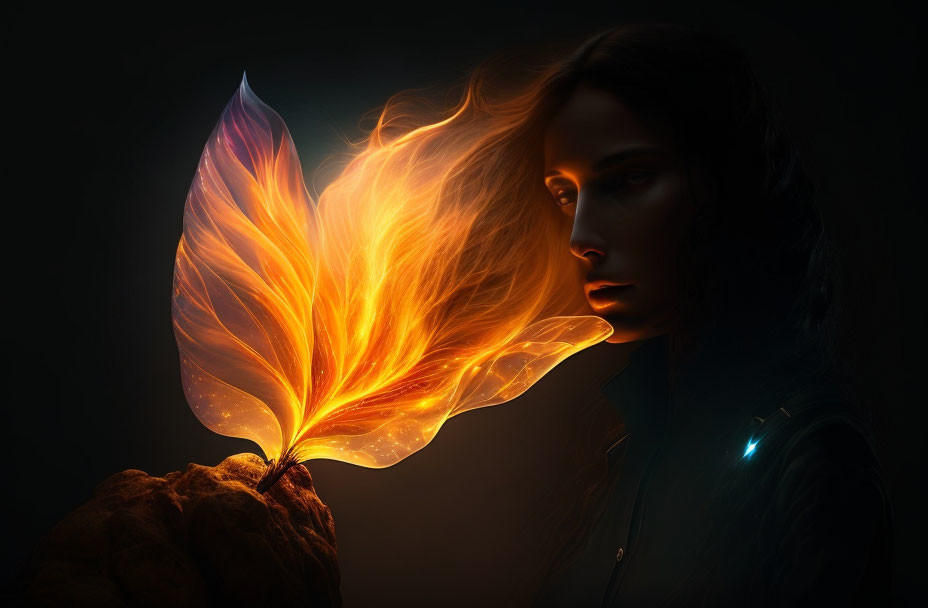 Woman holding fiery leaf with glowing hair on dark background