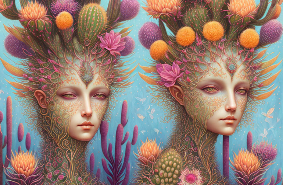 Surreal twin portraits of female figures with plant-like features and vibrant flora against whimsical backdrop