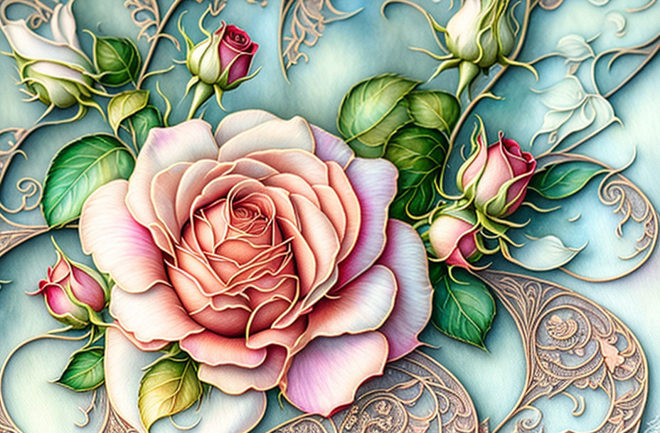 Detailed painting of blooming pink rose with buds on ornate blue background