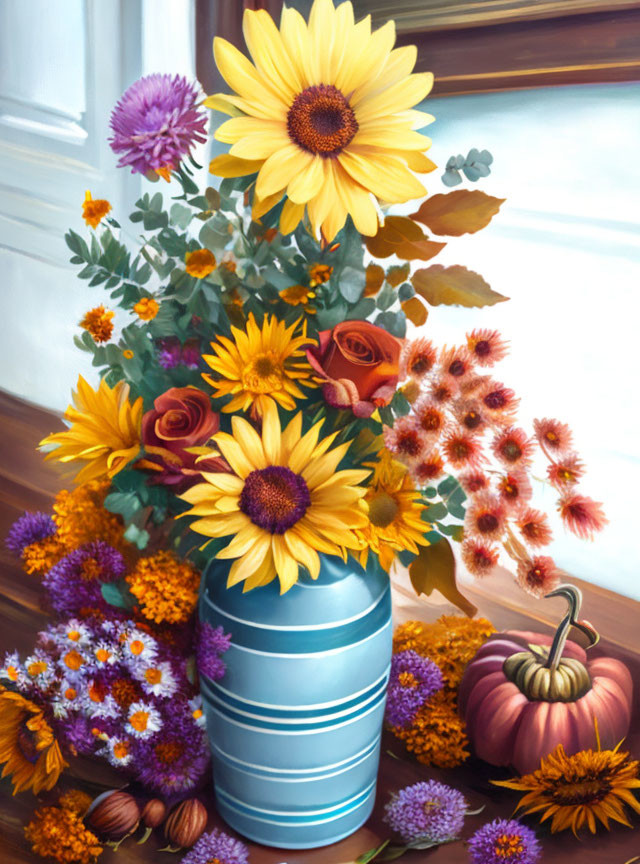 Colorful Flower Bouquet in Blue Vase with Pumpkin by Window