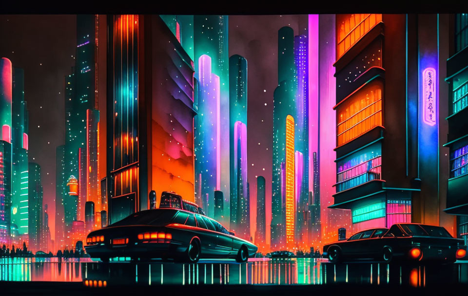 Futuristic neon-lit cityscape with tall buildings and cars at night