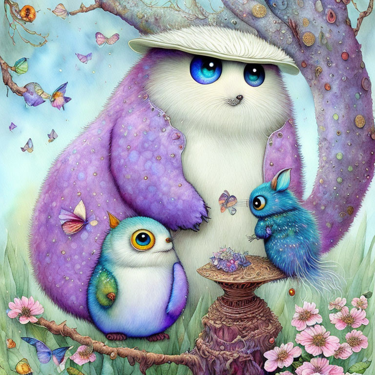 Whimsical fluffy white creature with blue eyes, surrounded by purple flowers and butterflies