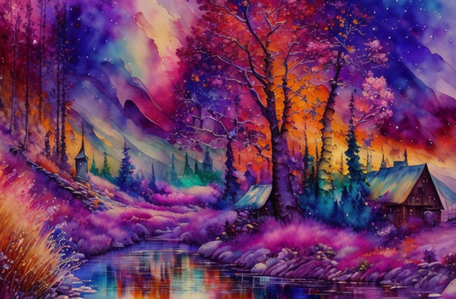 Colorful watercolor painting of a mystical forest with river, cottage, and starry sunset sky