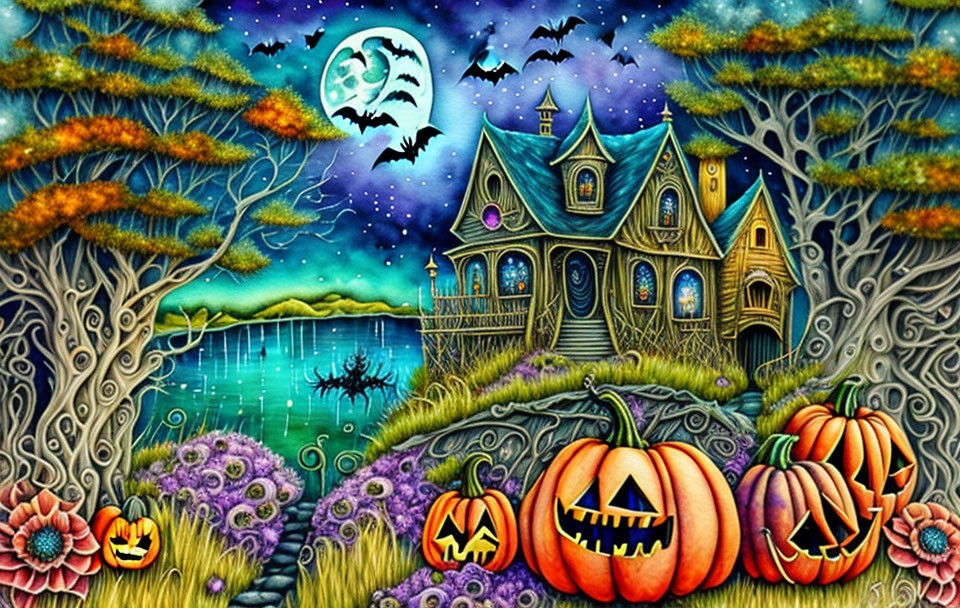 Whimsical Halloween illustration with haunted house, full moon, bats, spooky tree, lake, pump