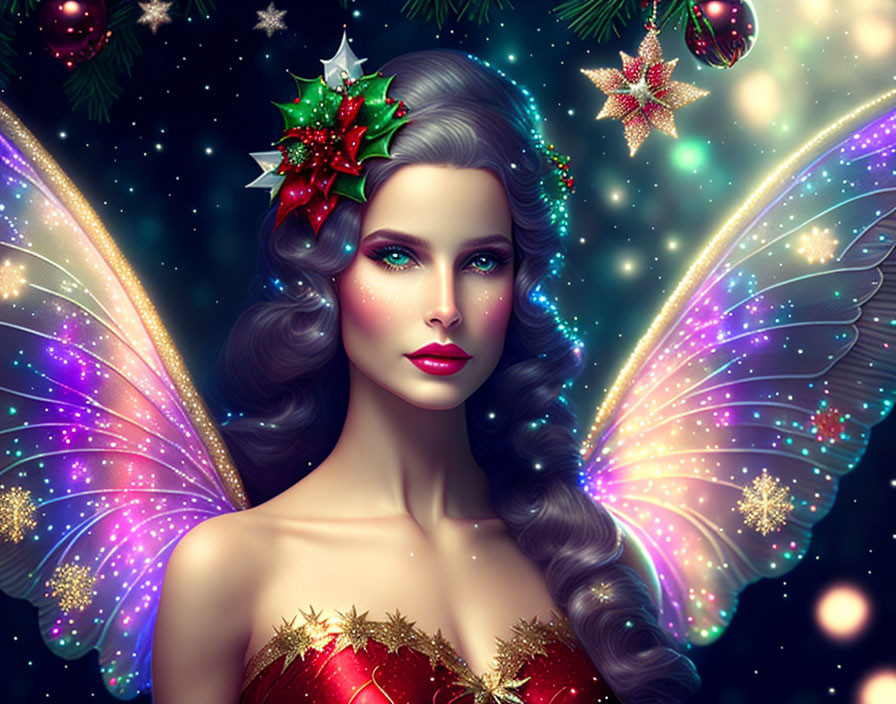 Woman with Butterfly Wings in Christmas Outfit & Holly Accessory