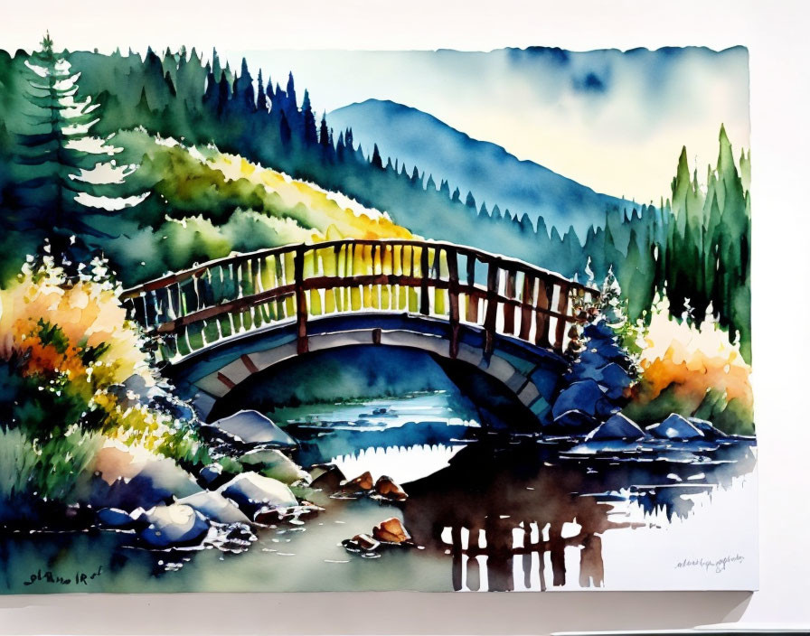 Vibrant watercolor: Wooden bridge over stream in lush forest