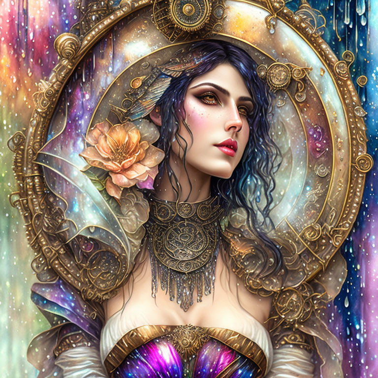 Fantasy Digital Artwork: Woman with Cosmic and Floral Elements