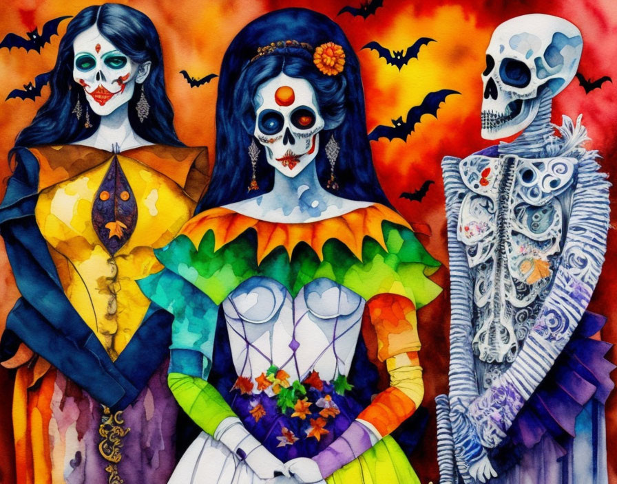 Vibrant artwork: Three figures with skull faces in ornate costumes under a colorful sky.