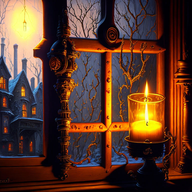 Candle burning on windowsill at dusk with scrolls, lantern, and gothic house view