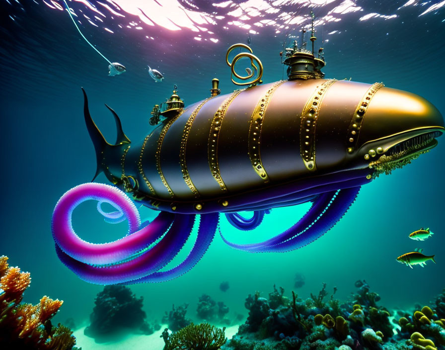 Ornate submarine with tentacle-like appendages in vibrant underwater scene