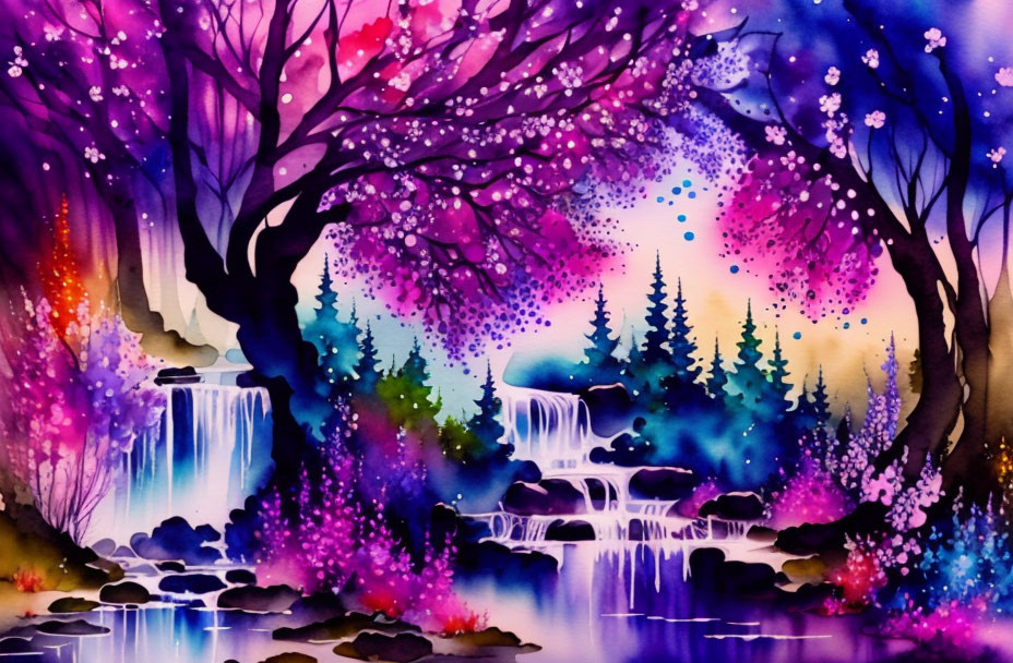 Colorful Watercolor Painting of Magical Waterfall Scene