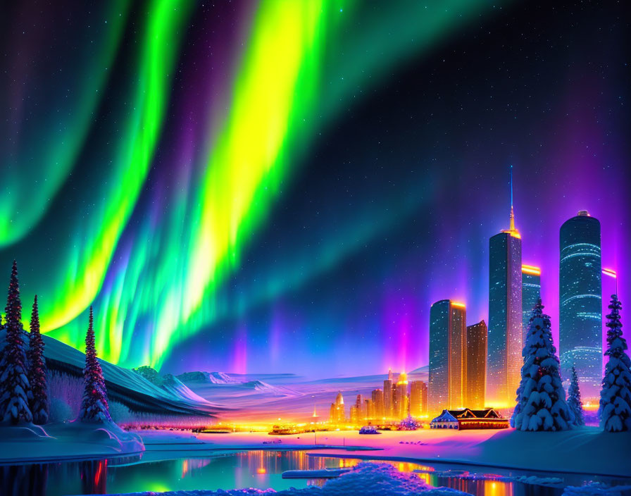 Colorful Aurora Borealis Over Snowy Landscape and Futuristic Cityscape