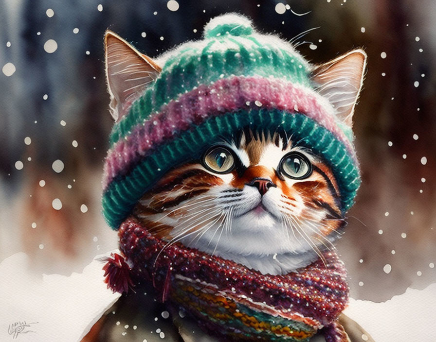 Cat in Colorful Striped Hat and Scarf in Snowfall