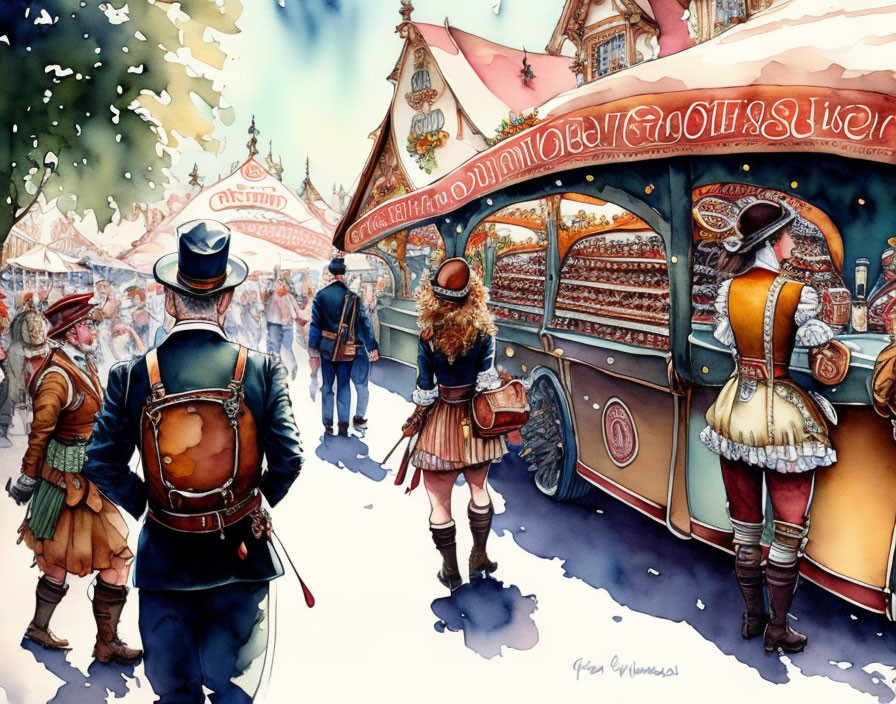 Festive Bavarian Market Scene with Traditional Attire and Food Booth