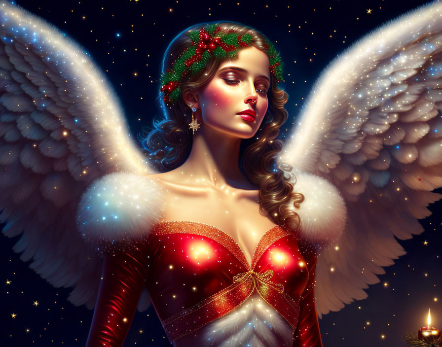 Festive angel woman with red dress and holly wreath on starry background