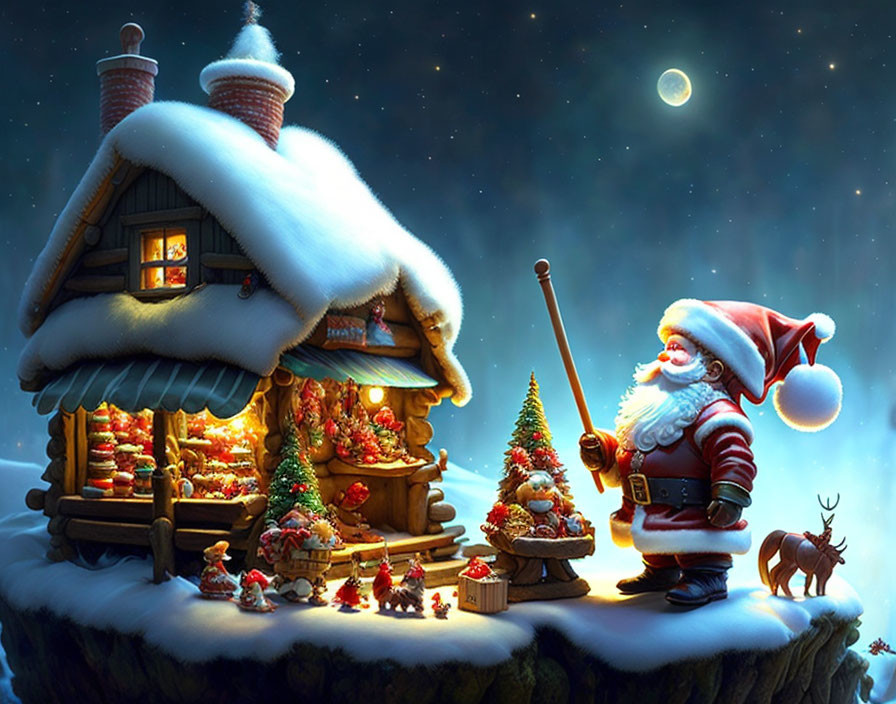 Winter scene with Santa Claus, snow-covered house, Christmas tree, decorations, starry night sky,