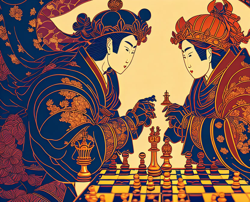 Stylized Asian figures playing chess on ornate board with blue and red colors