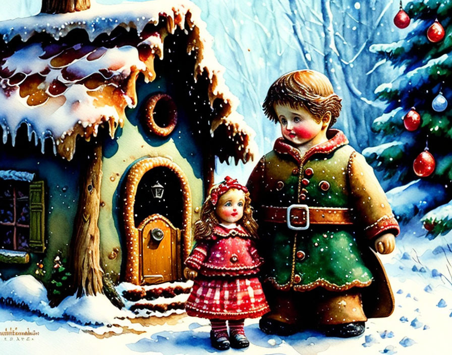 Illustrated children in winter clothes by gingerbread-like house in snowy scene