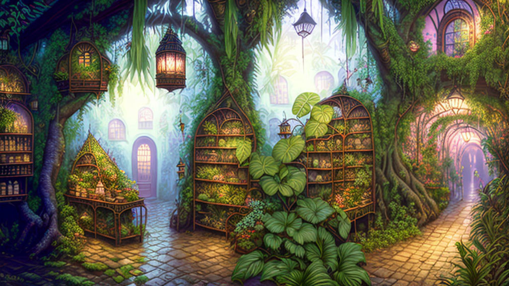 Enchanting fantasy forest library with arched doorways and ivy-covered bookshelves