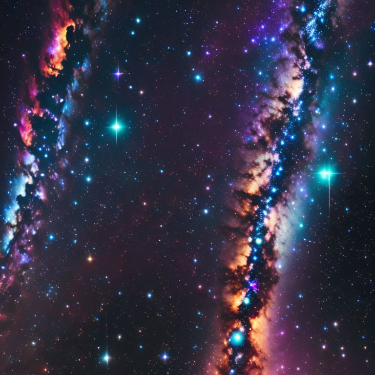 Colorful Interstellar Cloud with Stars and Dust Lane in Purple and Orange