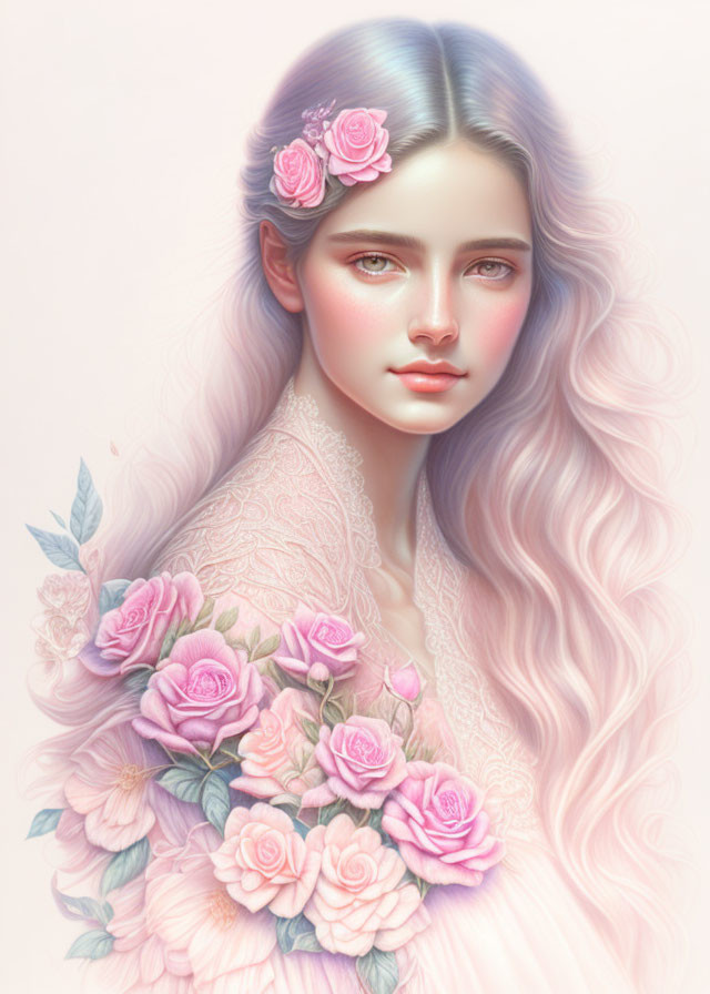 Illustration of woman with pastel hair and roses, soft gaze, holding bouquet.