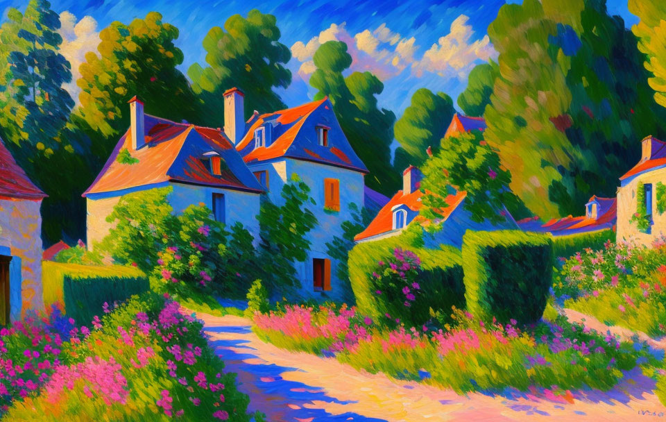 Colorful painting of quaint house with red-tiled roof and lush surroundings