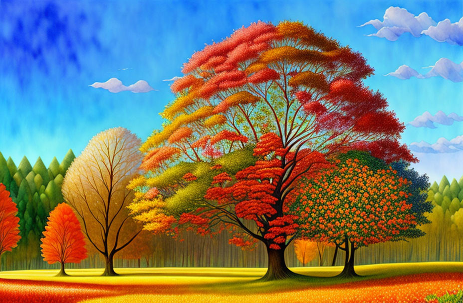 Colorful Stylized Tree Painting with Bright Sky & Grass Field