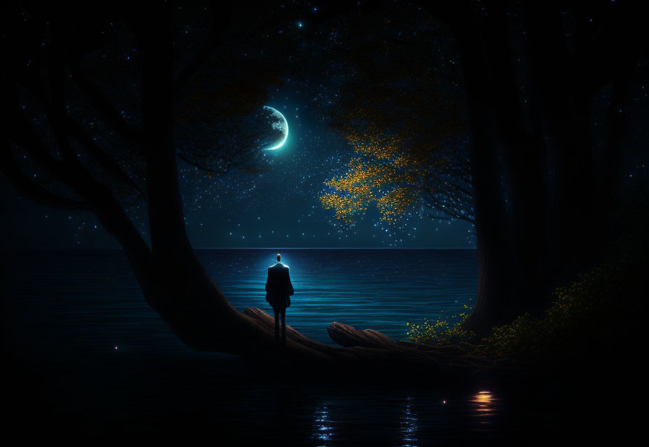 Solitary figure by lake under night sky with moon and glowing tree reflected