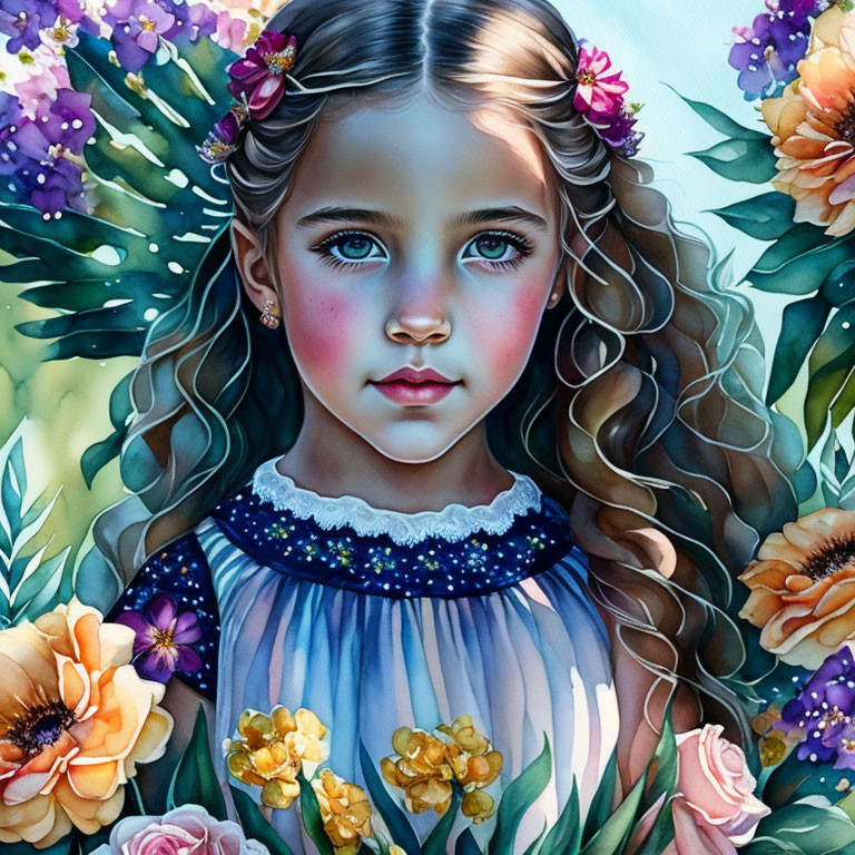 Digital painting: Young girl with blue eyes and flowers in hair