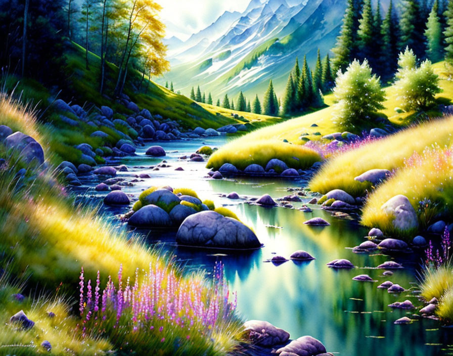 Colorful Landscape Painting: Serene River, Lush Trees, Mountains