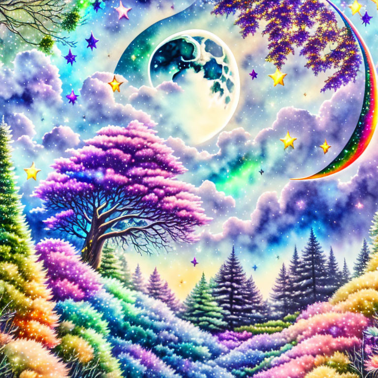 Colorful fantasy landscape with crescent moon & twinkling stars