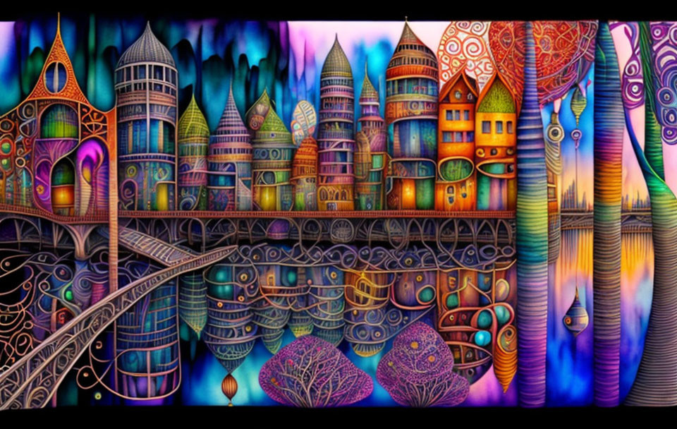 Colorful Whimsical Cityscape with Ethereal Night Glow