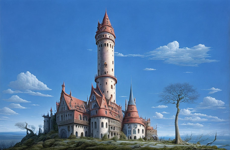 Majestic castle with spires and turrets on grassy hill under blue sky