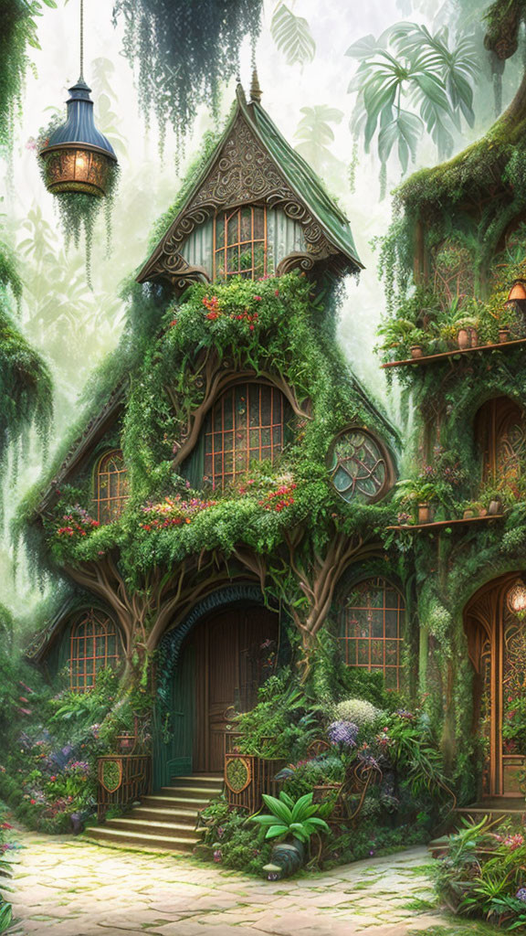 Enchanting cottage surrounded by lush greenery and vibrant flowers in mystical forest setting.