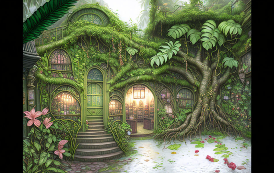 Whimsical green house with vine overgrowth and glowing windows