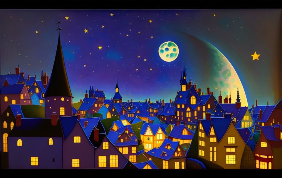 Vibrant town at night: colorful houses, starry sky, large moon, comets