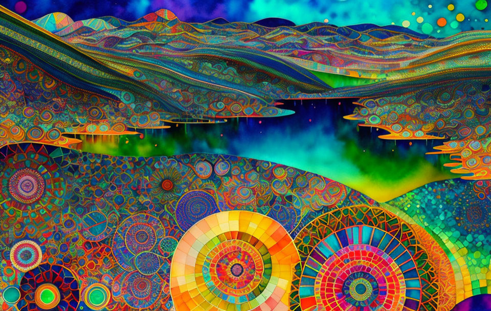 Colorful psychedelic landscape with hills, river, and mandala designs