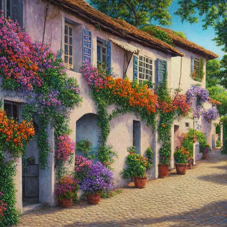 Picturesque cobblestone street with colorful blooming plants.