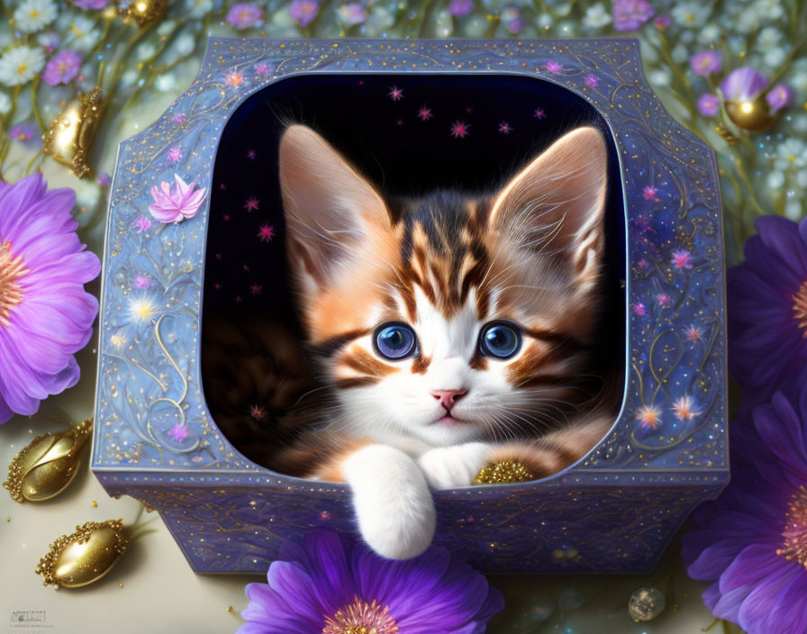 Blue-eyed kitten in star-patterned box with purple flowers and gold ornaments