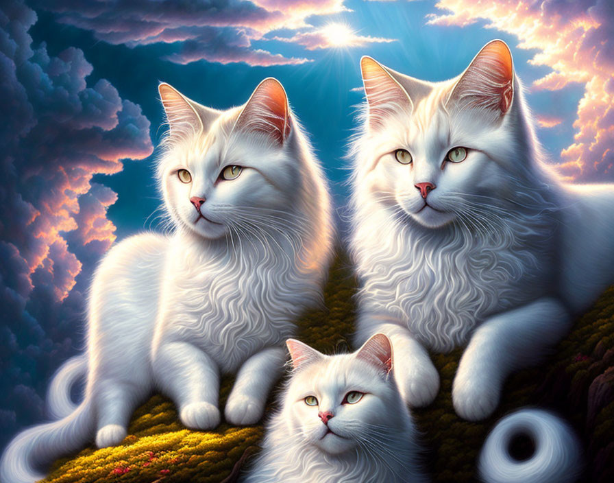 Stylized portrait of three white cats with blue eyes in surreal setting