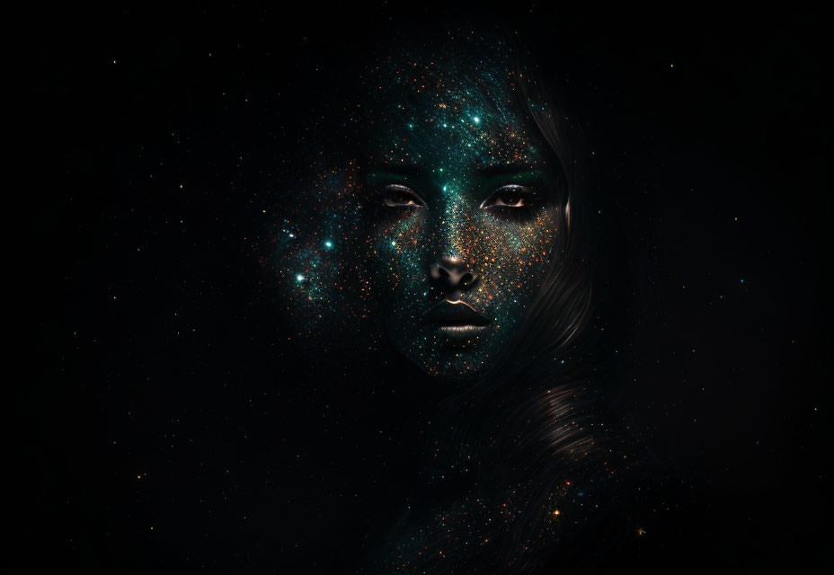 Portrait of Woman's Face Blended with Starry Night Sky