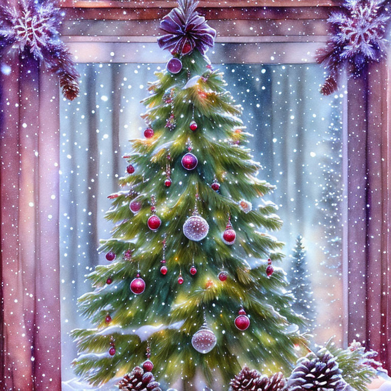 Festive Christmas tree with red and white ornaments in snowy setting