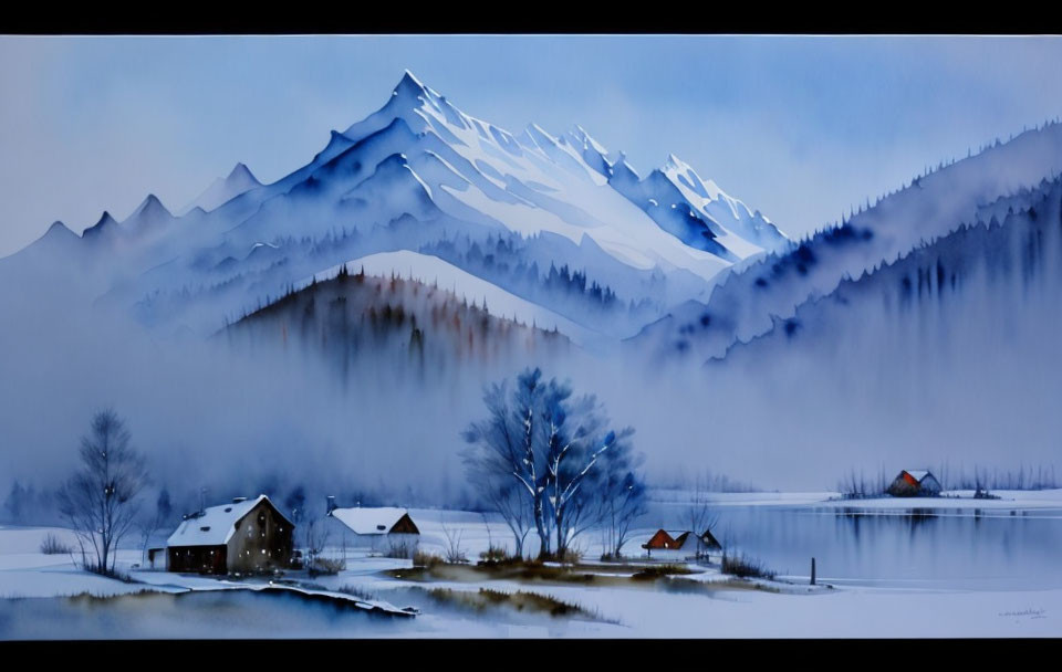 Tranquil watercolor landscape of misty mountains, serene lake, cottages, and trees