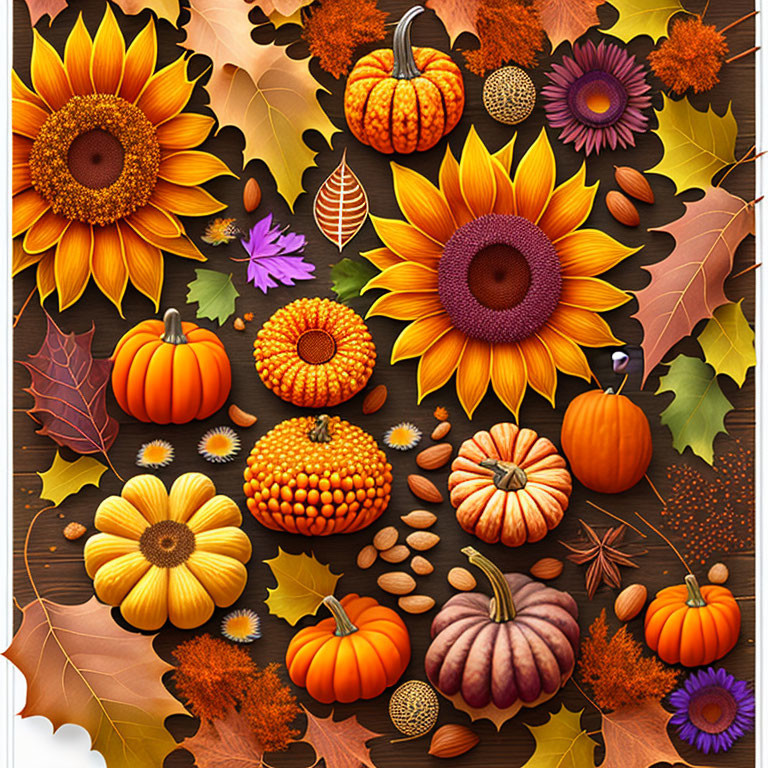 Vibrant autumn illustration: sunflowers, pumpkins, leaves, acorns on wood