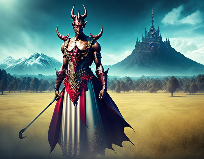 Fantasy character in ornate armor with horns in field with castle and mountains.