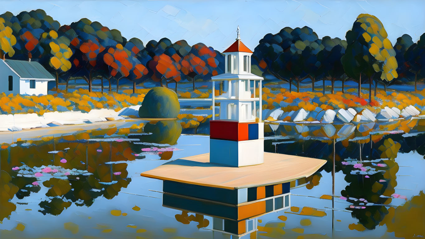 Lighthouse painting on calm lake with colorful trees and lily pads