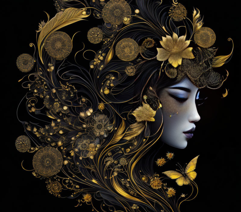 Dark-haired woman with gold flower adornments and butterfly.