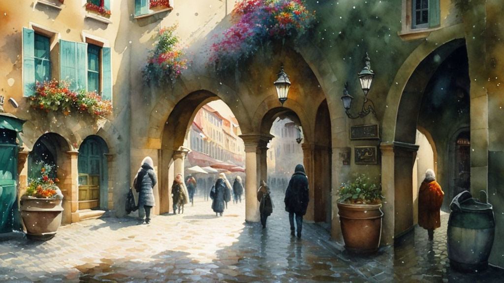 European-style Street Painting with Archways, Flowers, and Lamps